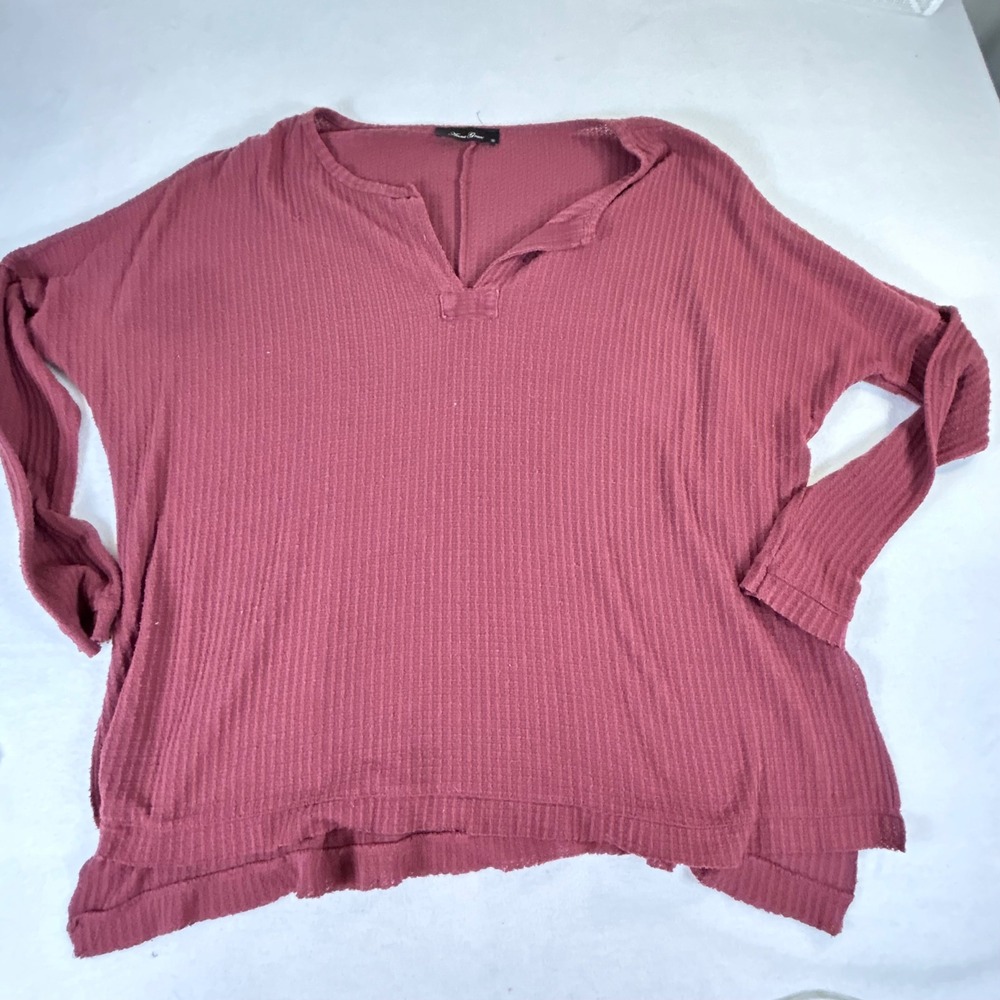 Anna Grace Womens Burgundy Mauve Waffle‎ Knit Oversized V-Neck Top Small 01793